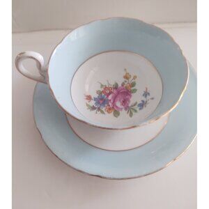 Vintage Grafton England Wide Mouth Tea Cup & Saucer set Blue & Floral 1950's